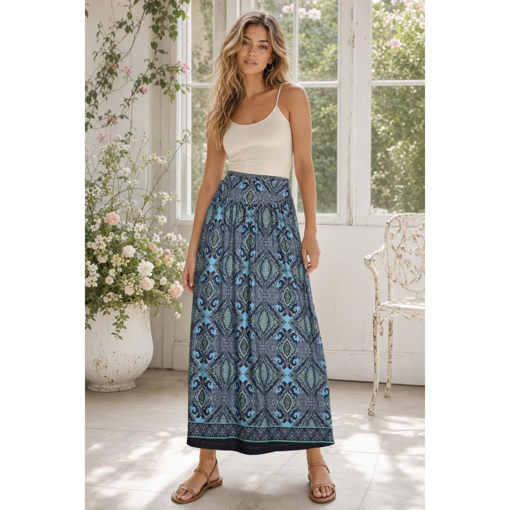 One World Maxi Skirt Women's M Blue Paisley Boho Stretch Pull On 40" Festival
